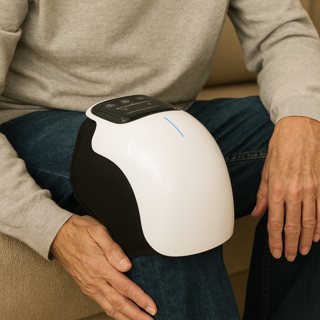 Person using a knee massager on their leg while sitting on a couch.